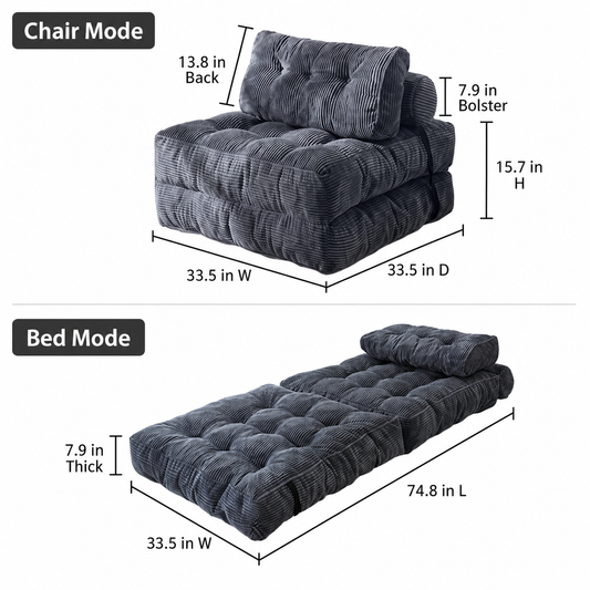 Folding corduroy sofa bed dimensions in chair and bed modes
