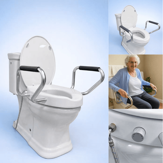 Raised toilet safety system with support arms and bidet wash for transfer support