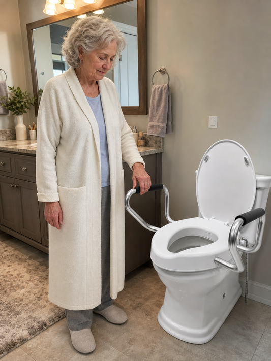 Marine Dana all-in-one toilet safety system with raised seat, support arms, and non-electric bidet