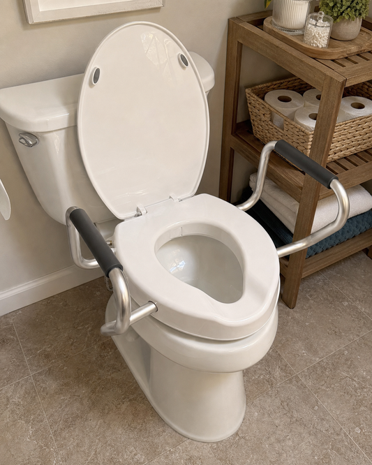 Bright accessible bathroom with toilet support and hygiene features for aging-in-place safety planning