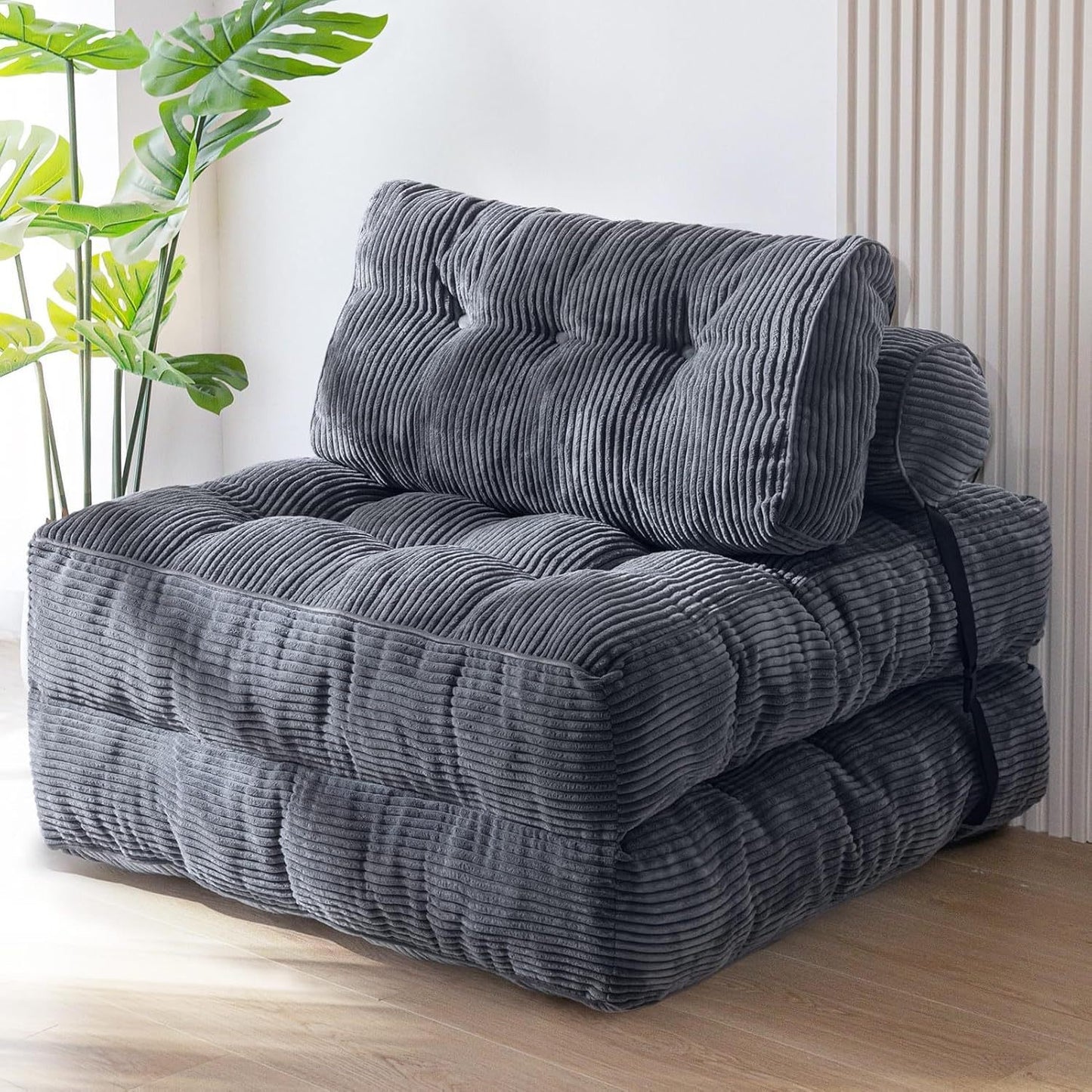 Convertible Corduroy Folding Floor Sofa Bed in gray sofa chair mode for small spaces